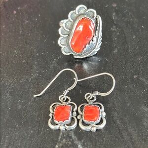 Elegant Sterling Silver and Red Coral Jewelry Set